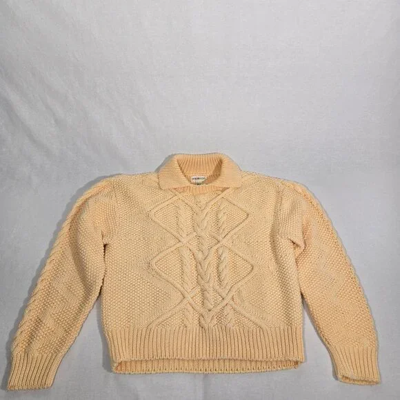 Vintage JW ROBINSON'S 90 Yellow Cotton Chunky Cable Knit Fisherman Sweater SizeM - Picture 4 of 17